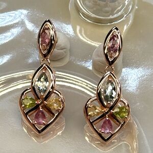 ETR2  2CT Natural Rainbow Tourmaline ART DECO HEART Earrings 18K Rose Gold S925